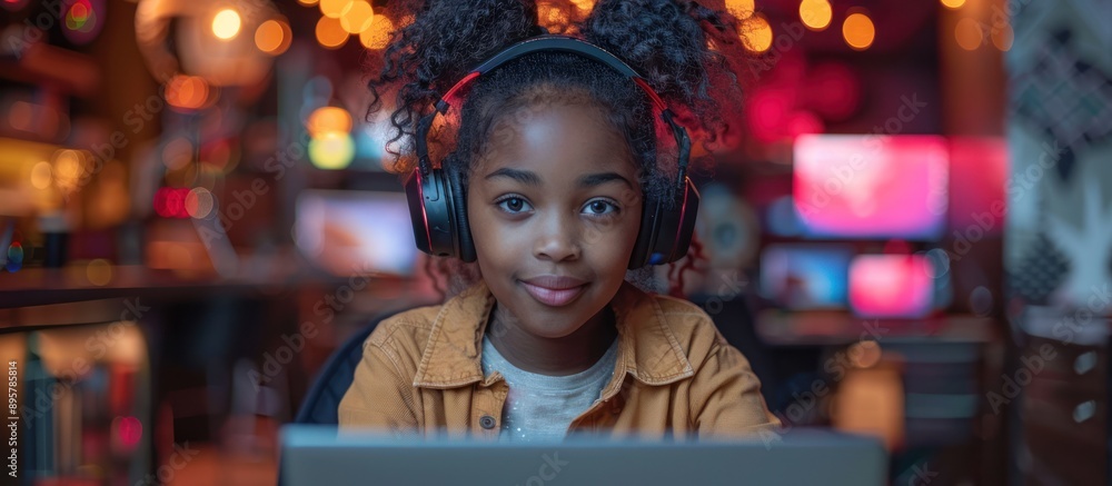 Young Woman with Headphones at a Computer Young Woman with Headphones at a Computer