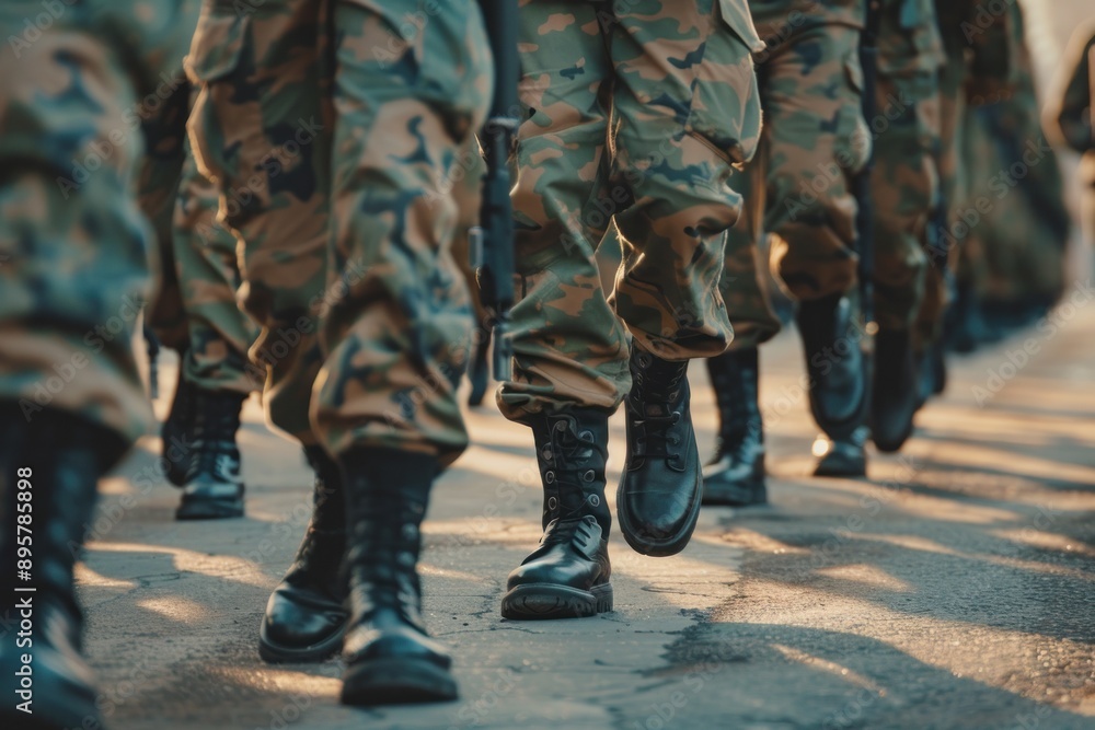 Closeup of army soldiers marching in formation on military parade ground Closeup of army soldiers marching in formation on military parade ground