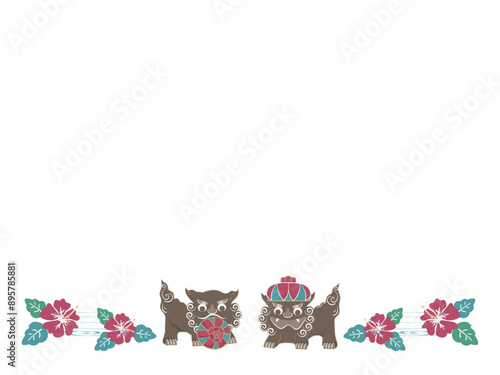 沖縄の伝統、紅型のハイビスカスとシーサーのフレーム