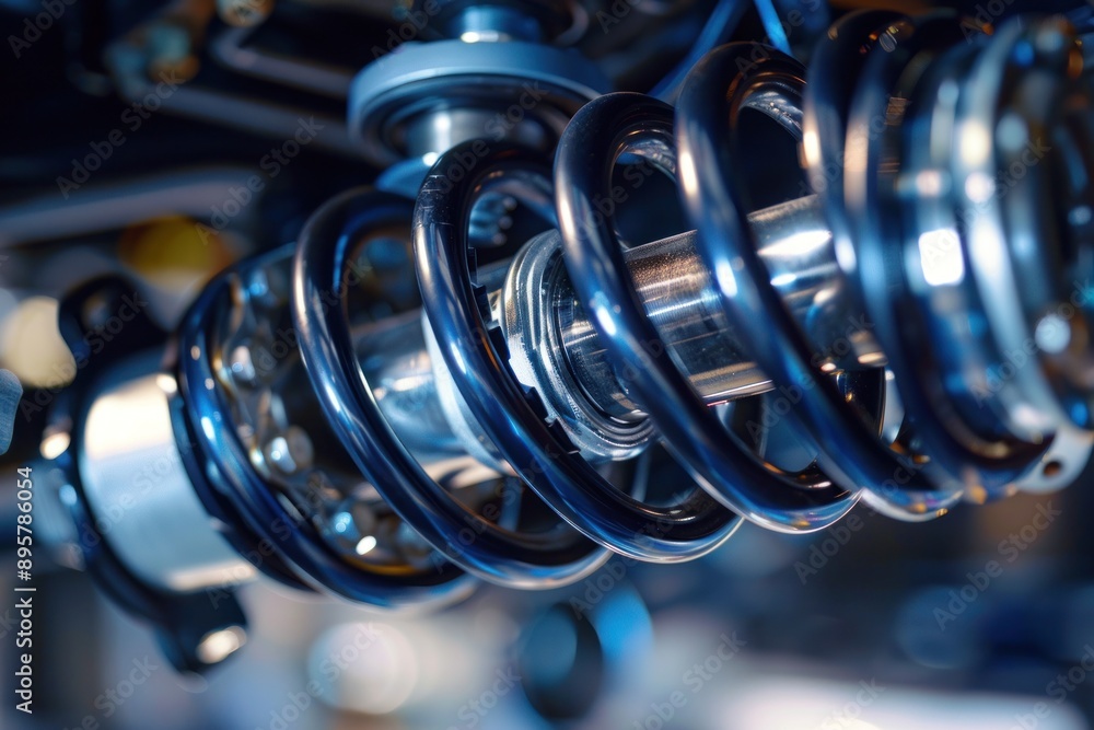 Close-Up of Car Suspension System. Close-up view of a car shock absorber and spring assembly Close-Up of Car Suspension System. Close-up view of a car shock absorber and spring assembly