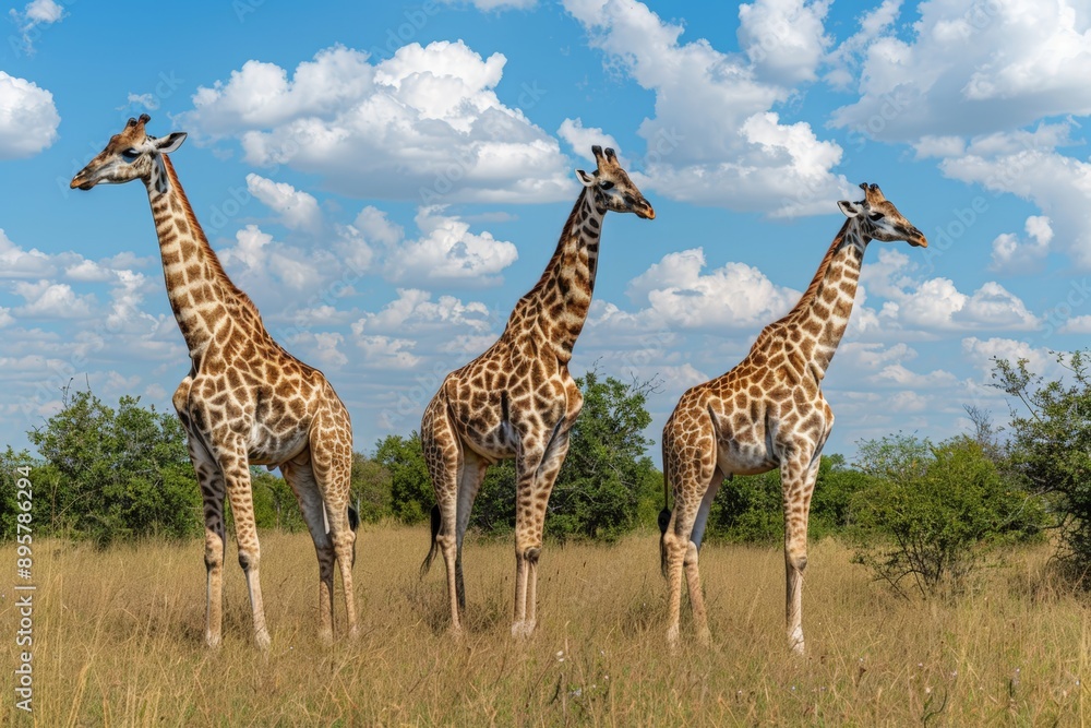 Obraz premium Three giraffes standing in the savannah under a bright blue sky with scattered clouds.