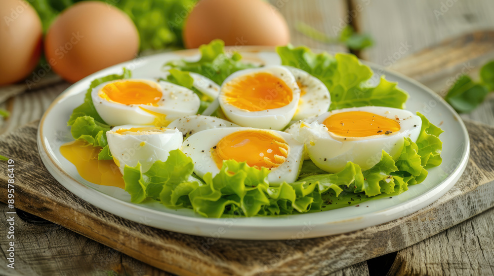 The eggs on the white plate were sliced and arranged in an oval shape, with several pieces of yellow egg yolk visible inside The eggs on the white plate were sliced and arranged in an oval shape, with several pieces of yellow egg yolk visible inside