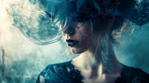 Mysterious Woman with Dark Blue Smoke photo