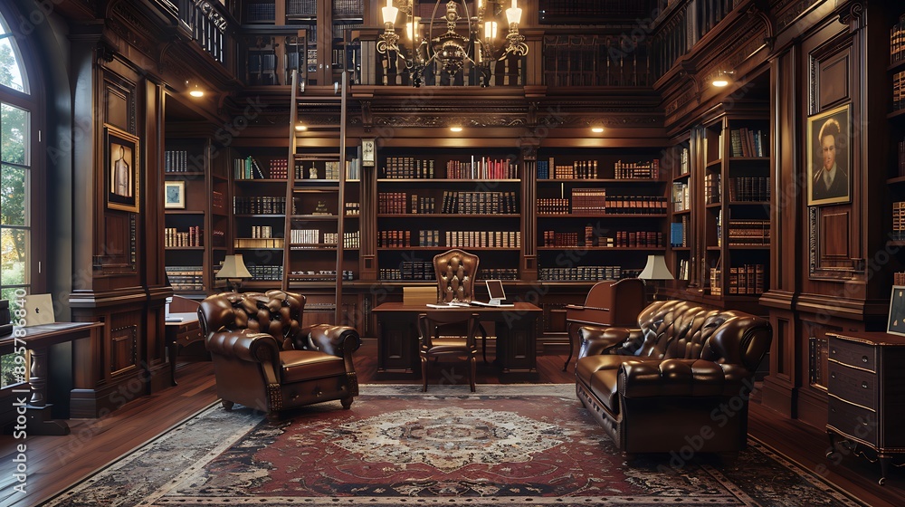 A traditional home library with dark wooden shelves, leather armchairs, classic rug, antique desk, rich color palette, and a cozy, inviting atmosphere, hd quality, natural look. --ar 16:9 --v 6. A traditional home library with dark wooden shelves, leather armchairs, classic rug, antique desk, rich color palette, and a cozy, inviting atmosphere, hd quality, natural look. --ar 16:9 --v 6.