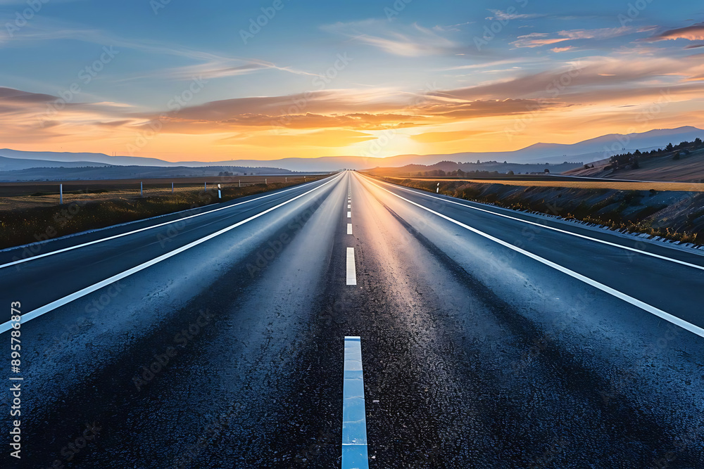 Fototapeta premium Scenic long road stretching into the horizon under a colorful sunset sky, perfect for travel and adventure themes.