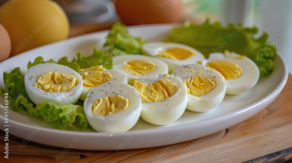 The eggs on the white plate were sliced and arranged in an oval shape, with several pieces of yellow egg yolk visible inside The eggs on the white plate were sliced and arranged in an oval shape, with several pieces of yellow egg yolk visible inside