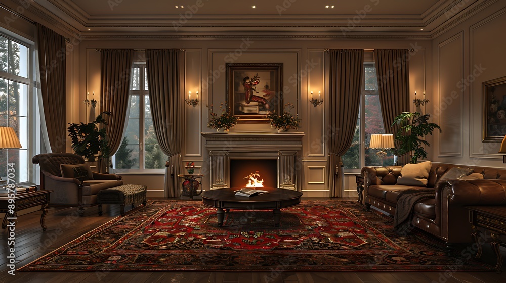 A traditional living room with elegant furniture, classic fireplace, ornate rugs, dark wooden coffee table, rich color palette, detailed moldings, and luxurious drapes, A traditional living room with elegant furniture, classic fireplace, ornate rugs, dark wooden coffee table, rich color palette, detailed moldings, and luxurious drapes,