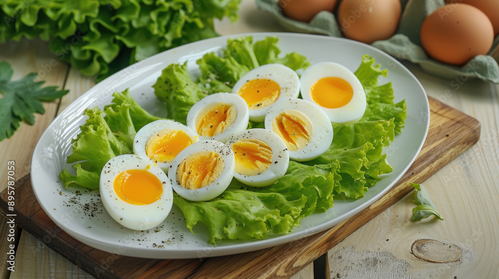 The eggs on the white plate were sliced and arranged in an oval shape, with several pieces of yellow egg yolk visible inside The eggs on the white plate were sliced and arranged in an oval shape, with several pieces of yellow egg yolk visible inside
