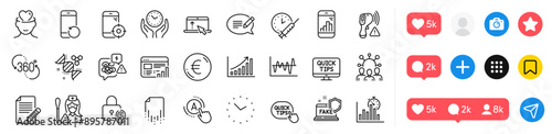 Ab testing, Article and Swipe up line icons pack. Social media icons. Euro money, Graph phone, Stress web icon. Chemistry dna, Recovery file, Fake internet pictogram. Vector