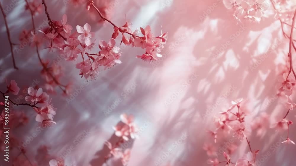 Delicate pink cherry blossoms are in full bloom, with sunlight filtering through the branches. The soft petals create a serene and peaceful atmosphere on a sunny day. The background is softly Delicate pink cherry blossoms are in full bloom, with sunlight filtering through the branches. The soft petals create a serene and peaceful atmosphere on a sunny day. The background is softly