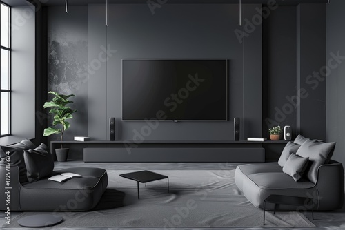 A sleek modern living room featuring a large TV, stylish black furniture, comfortable seating, and lush green plants, creating a relaxing and contemporary living space.