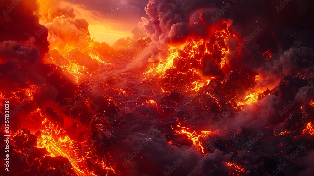 A fiery landscape with lava and clouds. A fiery landscape with lava and clouds.