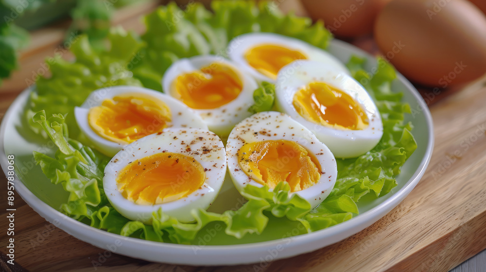 The eggs on the white plate were sliced and arranged in an oval shape, with several pieces of yellow egg yolk visible inside The eggs on the white plate were sliced and arranged in an oval shape, with several pieces of yellow egg yolk visible inside