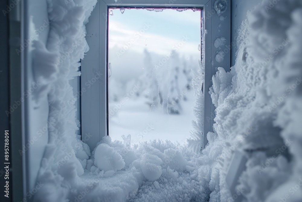 door with snow inside. Defrosting of the freezer, appearance of snow in the refrigerator door with snow inside. Defrosting of the freezer, appearance of snow in the refrigerator