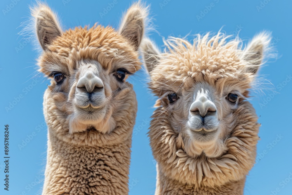 Obraz premium Close-up of two adorable alpacas with fluffy fur standing side by side under a bright blue sky.