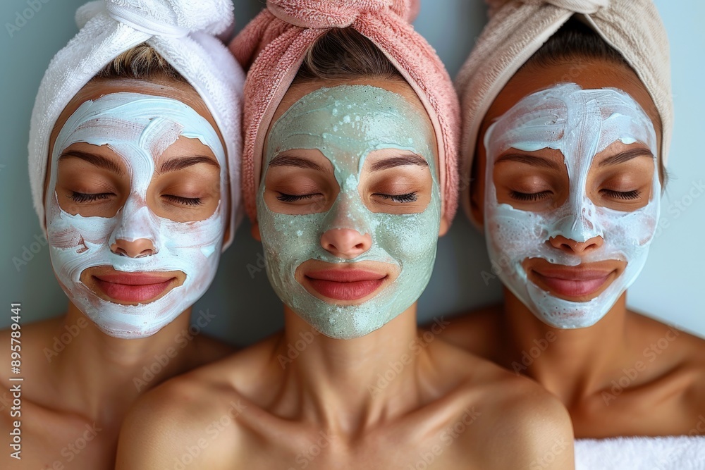Three women with clay face masks and towels on their heads, smiling with their eyes closed, enjoying a spa day. Three women with clay face masks and towels on their heads, smiling with their eyes closed, enjoying a spa day.