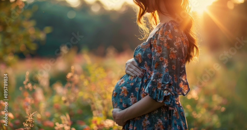 A serene scene of a pregnant woman in a sunlit meadow, gently cradling her belly, surrounded by nature.