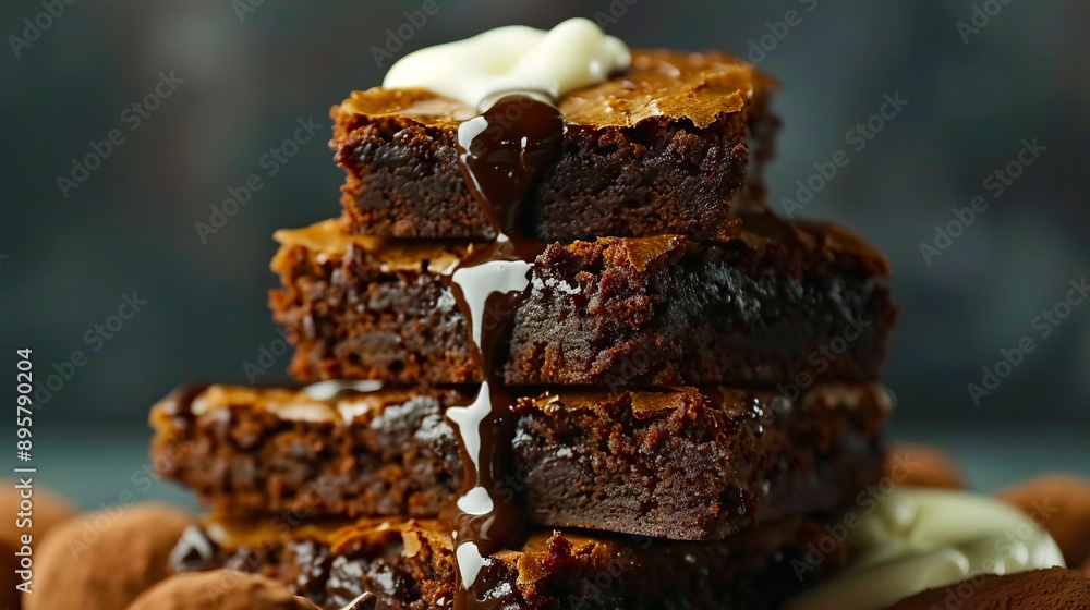 A stack of brownies with chocolate and nuts. A stack of brownies with chocolate and nuts.
