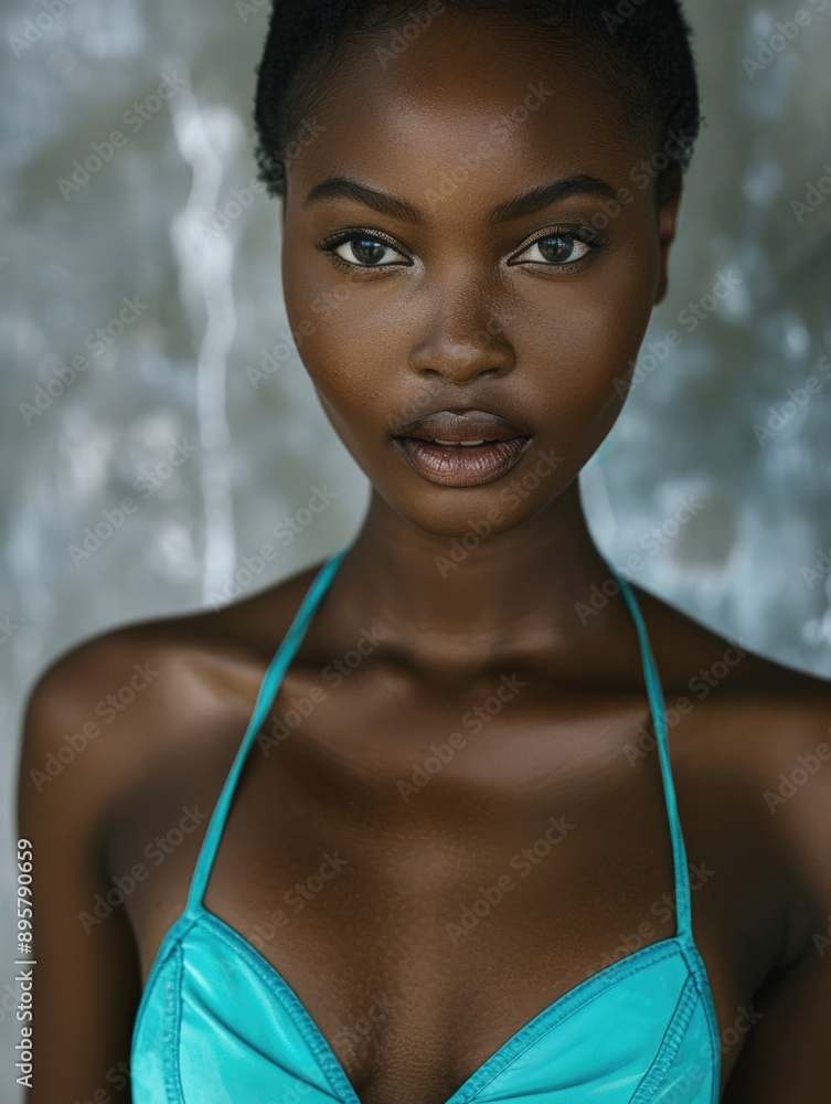 A woman poses for a photo wearing a blue bikini, great for use on beach-themed websites or social media