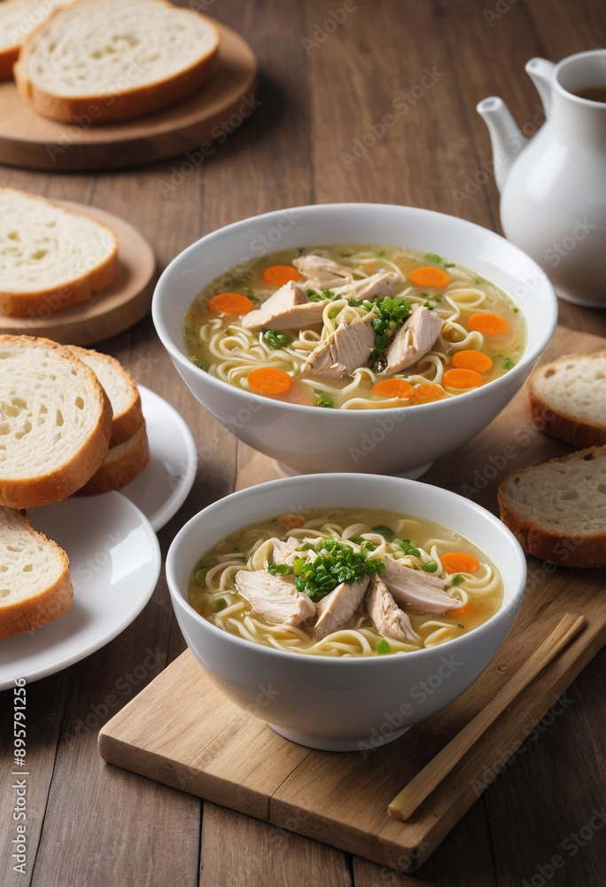 Steaming bowl of chicken noodle soup with a side of crusty bread. Steaming bowl of chicken noodle soup with a side of crusty bread.