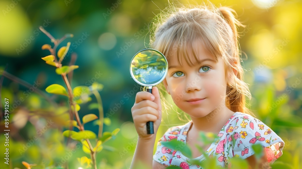 Little Girl Exploring Nature With Magnifying Glass Little Girl Exploring Nature With Magnifying Glass