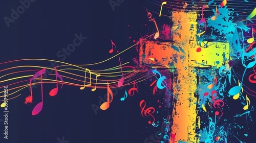 Colorful Christian Cross with Music Notes Isolated Vector Illustration, Representing Gospel Church Music, Choir Singing, and Religious Festivals in Christianity
