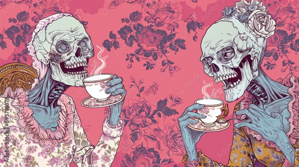Naklejka premium English zombies enjoying afternoon tea repeating pattern