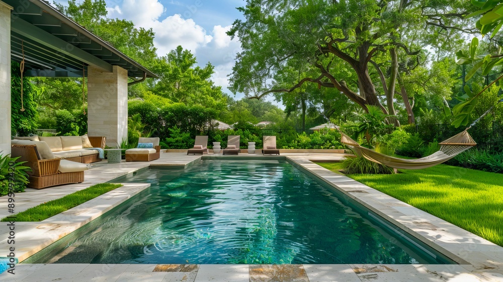 Fototapeta premium A pool and lounge area in a backyard.