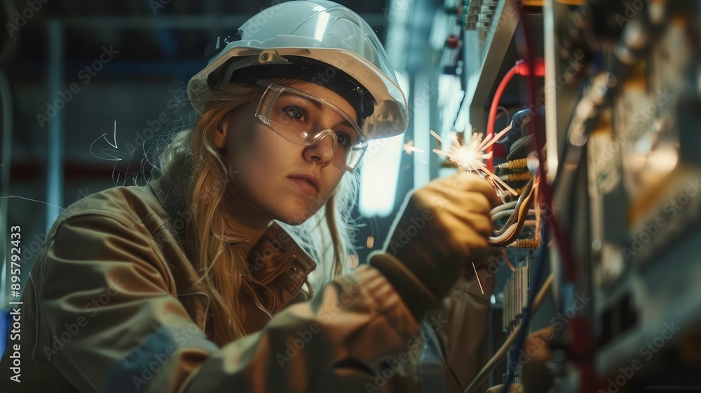 female electrician in protective gear working on complex industrial fuse box sparks flying concentration evident surrounded by tools and wiring diagrams female electrician in protective gear working on complex industrial fuse box sparks flying concentration evident surrounded by tools and wiring diagrams