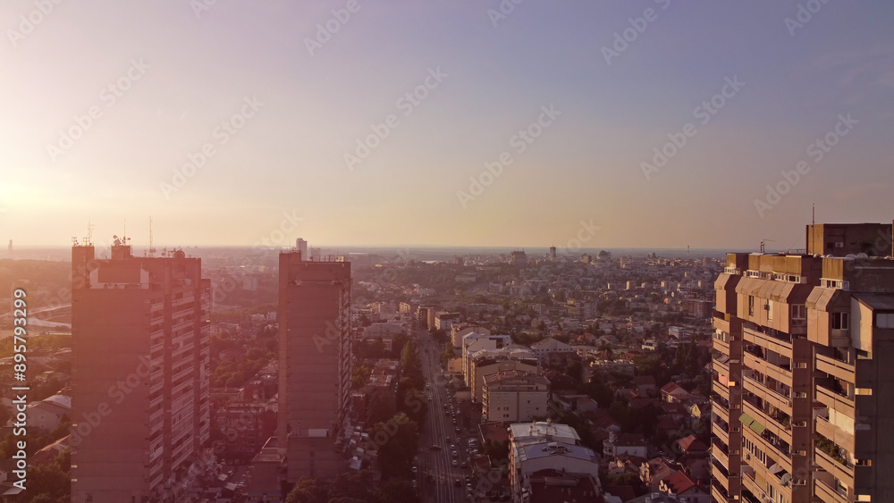 Fototapeta premium Jedinstvo concrete buildings and Vozdovac municipality, one of recognizable brutalism architecture symbols in Belgrade, capital of Serbia.