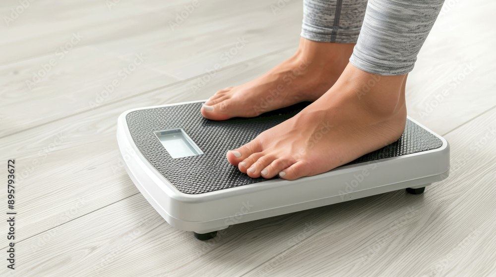 Fototapeta premium A person standing on the bathroom scale with their feet touching both sides