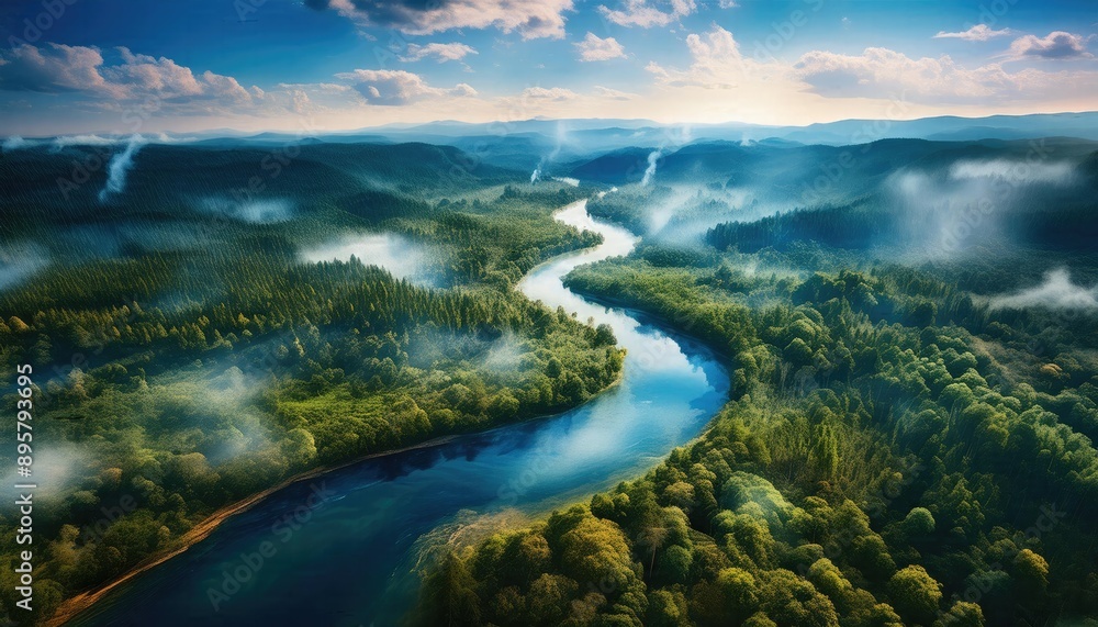 Obraz premium River images, landscapes with rivers and clouds, A winding river is flowing in a forest and the sky is blue and there are white clouds too, spring background,