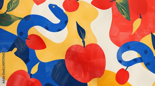 Children s illustration in the artistic style reminiscent of the painter Matisse featuring a minimalist cutout design with a snake and apples photo