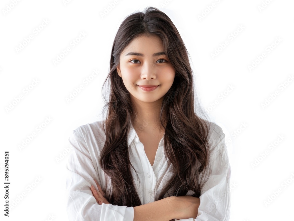 A woman stands confidently in front of the camera, wearing a white shirt and smiling A woman stands confidently in front of the camera, wearing a white shirt and smiling