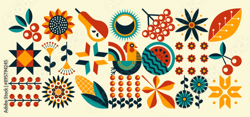 Illustration with a rooster in the Ukrainian style. Minimal geometric floral pattern. Scandinavian style. Mosaic shapes background. Concept of eco agriculture.