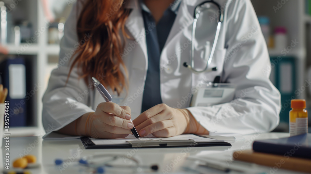 Close-up of a doctor hands as she writes a prescription, patient observing Close-up of a doctor hands as she writes a prescription, patient observing