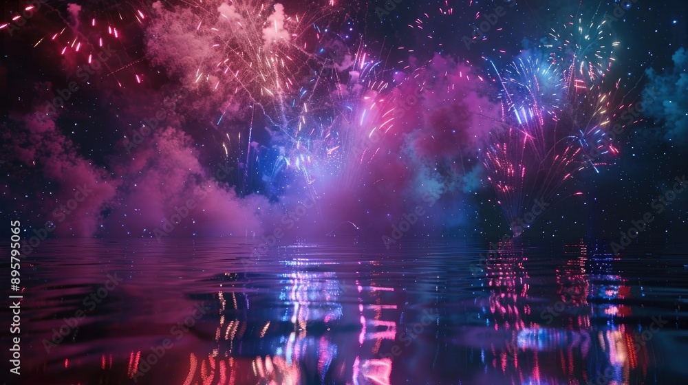 Obraz premium Vibrant fireworks show over water with multiple bursts and smoke at night creating a dynamic and lively scene