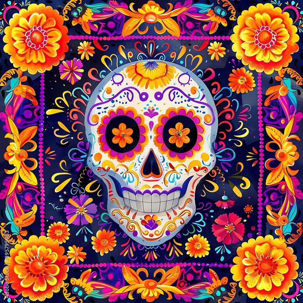 3. An eye-catching Day of the Dead poster with a detailed sugar skull design, framed by vivid marigold garlands and colorful decorative elements 3. An eye-catching Day of the Dead poster with a detailed sugar skull design, framed by vivid marigold garlands and colorful decorative elements