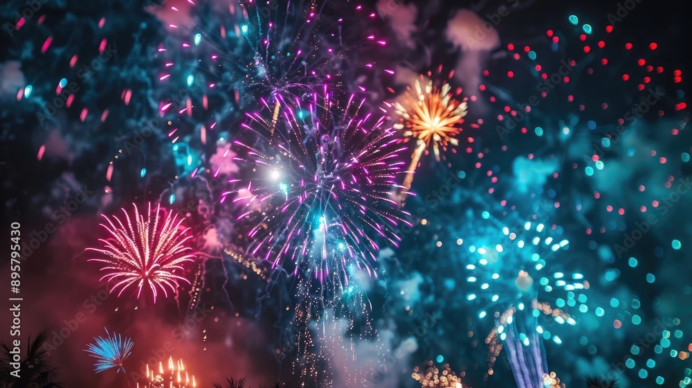 Fototapeta premium Vivid multi colored fireworks illuminating the nighttime sky
