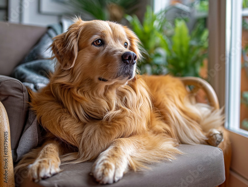 A large golden retriever is laying on a couch. The dog is looking at the camera with a curious expression. The couch is covered in a blanket and has a potted plant nearby © MaxK