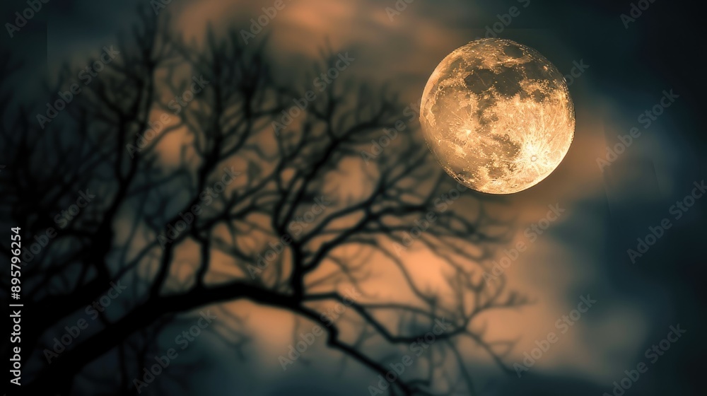 Full moon in the sky above a blurred silhouette tree Full moon in the sky above a blurred silhouette tree