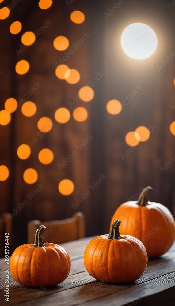 Four carved jack-o'-lanterns with glowing faces sit on a wooden table, with festive orange lights hanging in the background, creating a cozy Halloween atmosphere Four carved jack-o'-lanterns with glowing faces sit on a wooden table, with festive orange lights hanging in the background, creating a cozy Halloween atmosphere