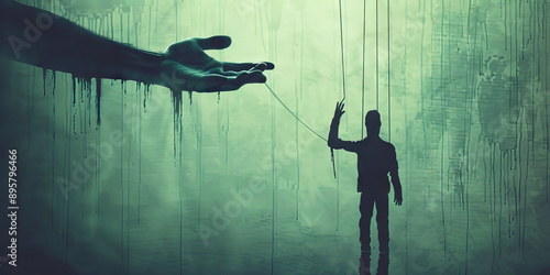 Unseen Hand: A shadowy figure, obscured by darkness, manipulating marionette strings.