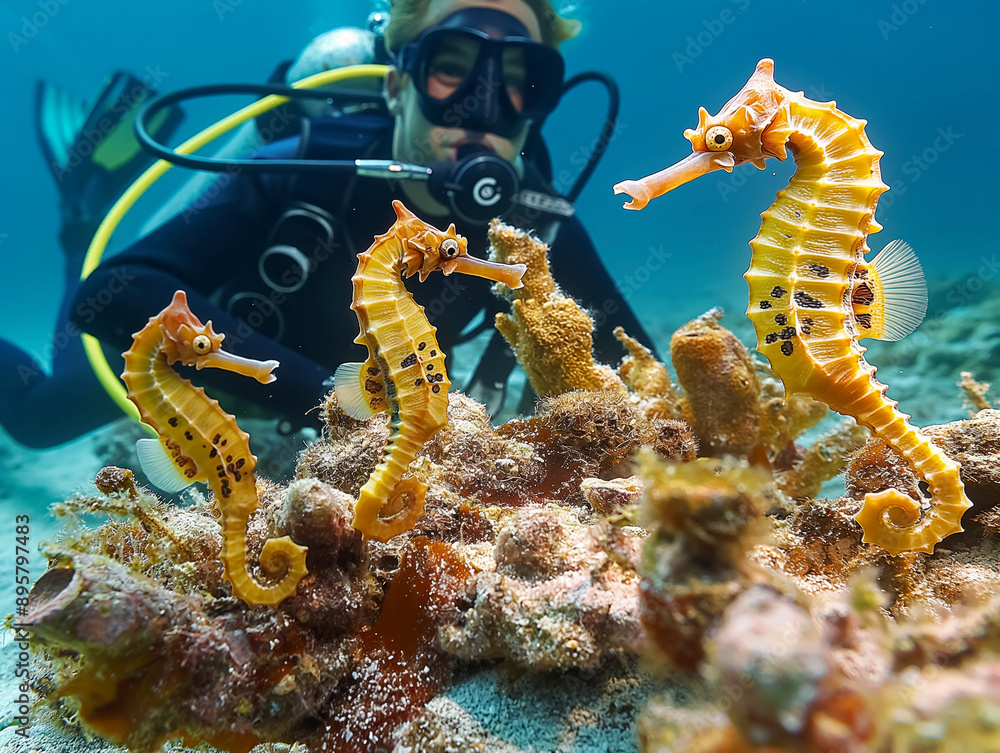 A diver is observing a family of seahorses clinging to coral underwater The diver is wearing scuba gear and is close to the seahorses, which are brightly colored and detailed