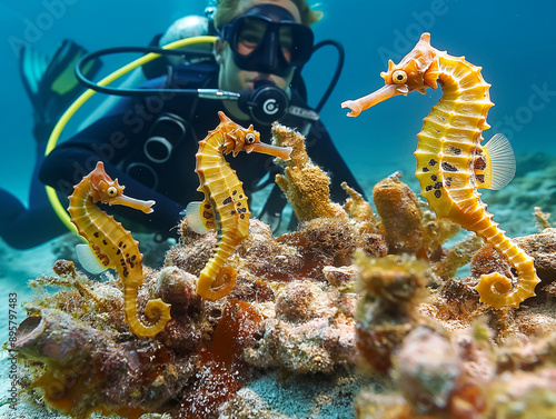 A diver is observing a family of seahorses clinging to coral underwater The diver is wearing scuba gear and is close to the seahorses, which are brightly colored and detailed photo