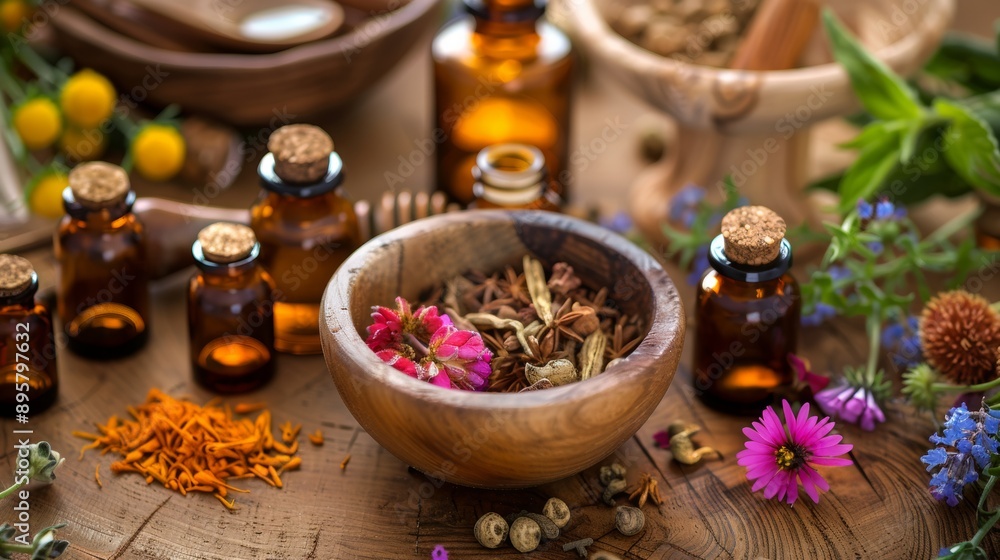 Assorted herbs and flowers with essential oil bottles Assorted herbs and flowers with essential oil bottles