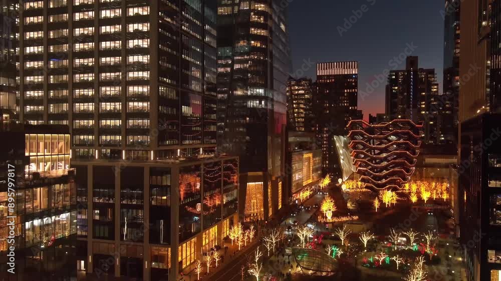 Aerial view of Hudson Yards skyscrapers in New York City at sunset. Aerial view of Hudson Yards skyscrapers in New York City at sunset.