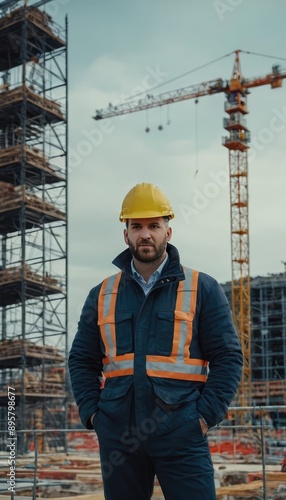 A site engineer, dressed in a safety helmet and reflective vest, poses in front of a towering building under construction, with scaffolding and cranes visible