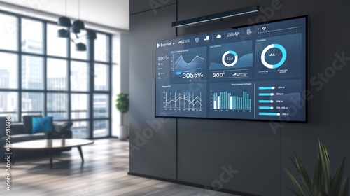 minimalist and stylish financial planning interface on a large, wall-mounted touch screen, showing a user-friendly budget dashboard in a modern office setting