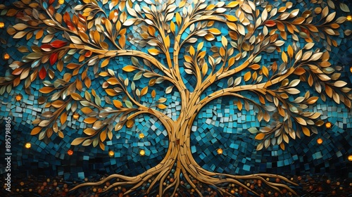 Colorful mosaic tree of life artwork . Small golden and turquoise mosaic tiles pattern forming a Tree of Life background
